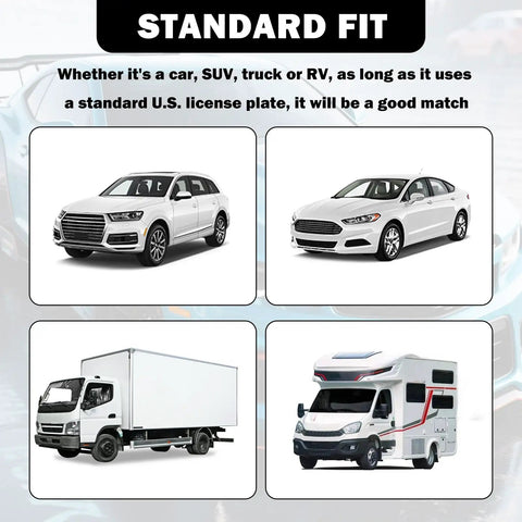 Stainless Steel License Plate Holder No Drill Front Mount Kit on cars, SUV, truck, RV; standard US plate compatibility