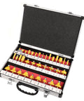 Professional 35 Piece Router Bit Set With One Quarter Inch Shank made for flush straight chamfer and trimming tasks in a sturdy case.