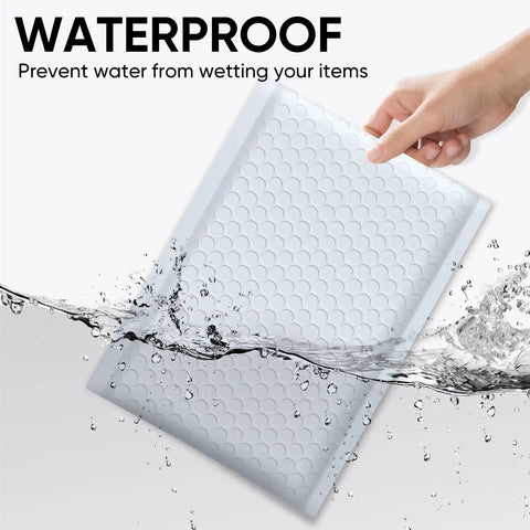 Bubble Mailers 8.5 x 12 Inch 100 Pack Usable 8.25 x 12 Inch Opaque Self Seal Poly Mailers shown submerged in water to show waterproof feature.