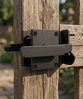 Amagogo Sliding Bolt Gate Latch-Heavy-Duty Steel Construction, Shielded Spray-Coated Finish, Latch with Double-Sided Handle, for Gates, Silver on wooden gate.