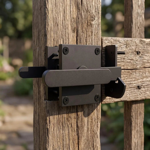 Amagogo Sliding Bolt Gate Latch-Heavy-Duty Steel Construction, Shielded Spray-Coated Finish, Latch with Double-Sided Handle, for Gates, Silver on wooden gate.
