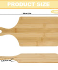 Bamboo cutting board with handle; front and side views, 11x5 in, 0.3 in thick.
