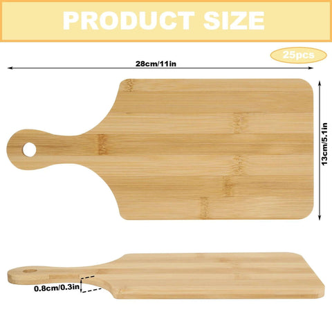 Bamboo cutting board with handle; front and side views, 11x5 in, 0.3 in thick.
