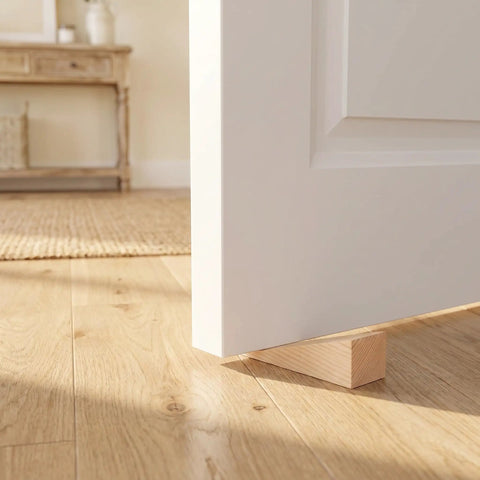 Wood Door Wedge Triangle Stopper Set - 20 Pack Non Slip Door Stops For Office And Bathroom, shown securing a door on wood floor.