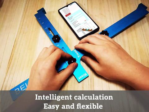 Hands using DIY Friendly Stair Stringer Cutting Layout Tool Four Step Guide To Measure Calculate Mark And Cut with a smartphone.