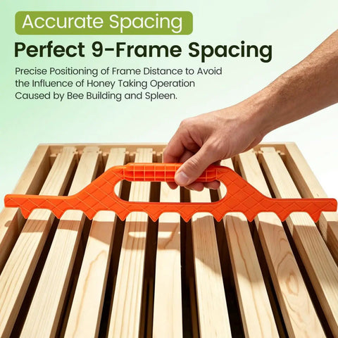 Hand holding orange Beekeeping Frame Spacers 2 Pack 9 Frame Spacer Tool For Beehive Boxes, ensuring precise frame spacing.