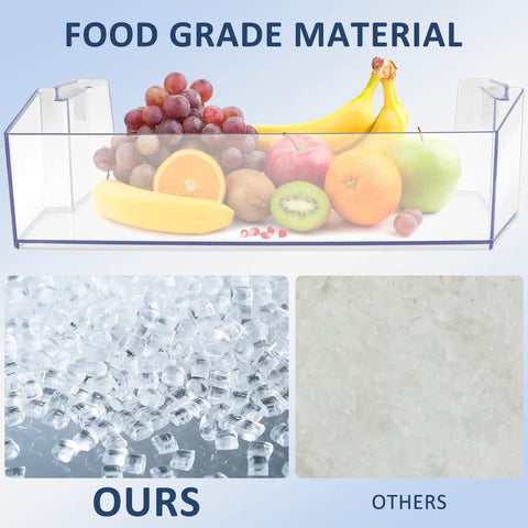 W11239961 Refrigerator Door Shelf Bin Replacement with fruits inside, showing food-grade PE material versus non-food grade