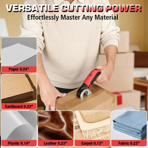 Kitluck Cordless Electric Scissors With Rechargeable Battery And Replacement Blade cutting cardboard and various materials.