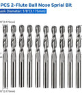 Forty Piece Pro Grade End Mills CNC Router Bit Set With Storage Tray One Eighth Inch Shank Includes Two Flute Flat Nose Ball Nose And V Bit With Nano Blue Coating For Sharp Engraving Carving And Cutting, showing 10 pcs 2-flute ball nose spiral bits.