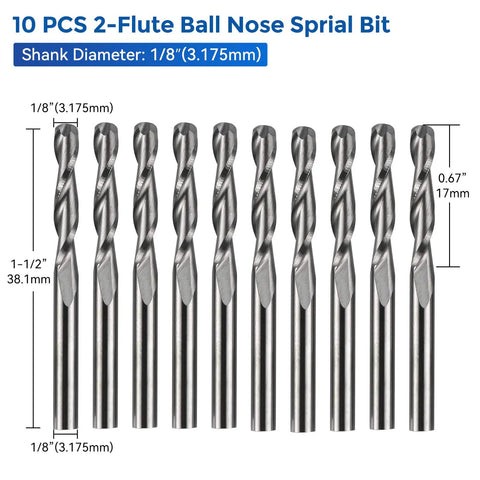Forty Piece Pro Grade End Mills CNC Router Bit Set With Storage Tray One Eighth Inch Shank Includes Two Flute Flat Nose Ball Nose And V Bit With Nano Blue Coating For Sharp Engraving Carving And Cutting, showing 10 pcs 2-flute ball nose spiral bits.