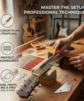 Professional Guitar Luthier Tool Kit with fret leveling beam and nut files set used on acoustic guitar in workshop