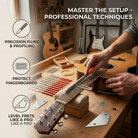 Professional Guitar Luthier Tool Kit with fret leveling beam and nut files set used on acoustic guitar in workshop