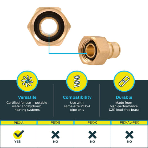 Half Inch NPSM Expansion FNPT Swivel Adapter For PEX A Pipe And Tubing, Brass Plumbing Fittings, Female Adapter For PEX A Systems, Quick Expansion Connection, High Temp High Pressure, UAB526LFA brass swivel fitting shown front and side