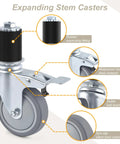 Heavy Duty Prep Table Rollers Set Three Inch Expanding Stem Casters With Brakes showcasing rubber fitting and stainless steel parts.