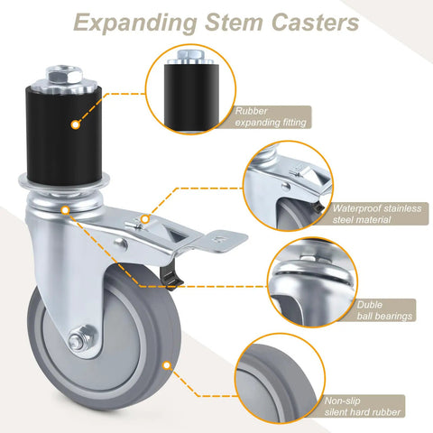 Heavy Duty Prep Table Rollers Set Three Inch Expanding Stem Casters With Brakes showcasing rubber fitting and stainless steel parts.