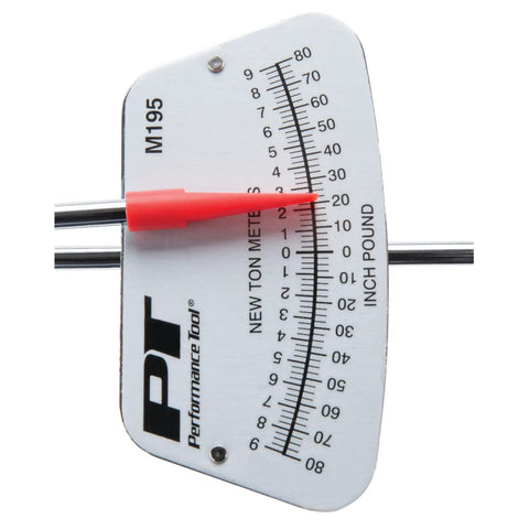 Close-up of 1/4 inch drive torque beam wrench scale, with red needle pointing at 30 in-lb, on deflection beam for precise torque measurement