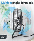 Side view of Three Speed Portable Metal Floor Fan With Adjustable Tilt For Home Office And Bedroom Quiet Operation Lightweight Yet Sturdy Black Nine Inch Chill Breeze For Desk Or Floor Use on a table demonstrating 180° tilt capability.
