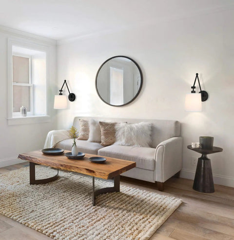 Modern living room with Set Of 2 Modern Matte Black Wall Sconces With White Fabric Shade Easy On Off Switch Hardwired Or Plug-In
