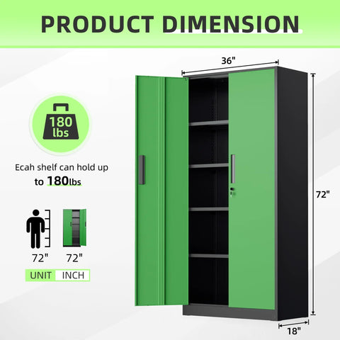 Diagram showing dimensions of the 72 Inch Beefy Heavy Duty Metal Garage Storage Cabinet With 2 Locking Doors And 5 Adjustable Shelves 900 Lbs Max Load Rugged Steel Organizer For Home Office Or Workshop Black Green Finish, 36x18x72 inches.