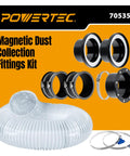 Hassle Free Four Inch Magnetic Dust Collection Hose Kit With Heavy Grip Magnet Fittings For Two Machine Hookup And Fast Quick Swap On Woodworking Shop Gear featuring clear ribbed hose and black fittings.