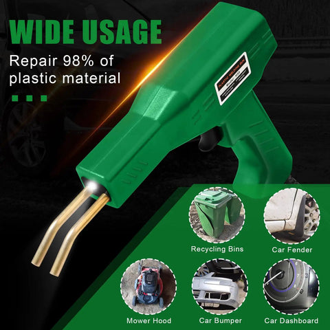 Upgraded Plastic Welder Kit With Rapid Heating, 1000 Staples, Copper Transformer showing multiple repair uses.