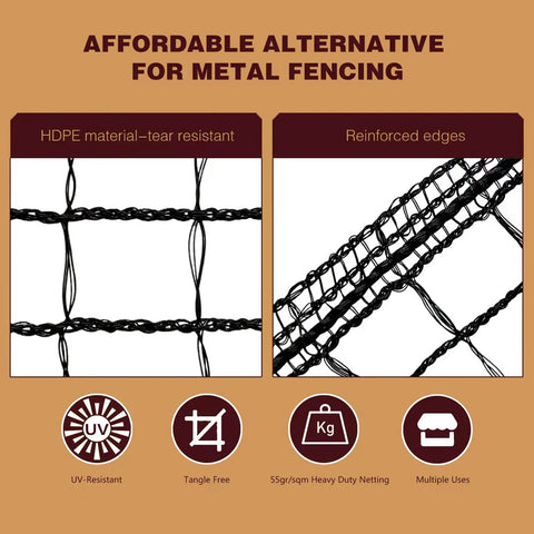 Close-up of Heavy Duty Plastic Mesh Fence 4x75ft Deer Fencing With Reinforced Edges Easy Setup Black 55gsm netting material