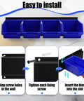 Installation guide for wall mounted plastic storage bins set with 16 bins and 4 rails for screws nuts bolts nails and small hardware