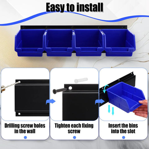 Installation guide for wall mounted plastic storage bins set with 16 bins and 4 rails for screws nuts bolts nails and small hardware