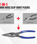 8 Inch Long Nose Slip Joint Pliers With A Solid, Comfortable Grip, dual jaw positions for clamping, blue handles