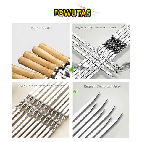 22 Inch Stainless Steel Flat Kabob Skewers With Wooden Handles 12 Pack Reusable Shish Kebab Sticks
