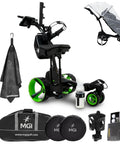 Top Tier Electric Golf Push Cart Bundle With All Terrain Folding Caddy Adjustable Speed And Digital Display For Rolling Out 36 Holes Without A Sweat includes caddy, towel, cooler, and accessories.