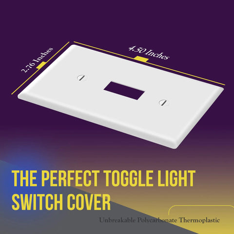 Toggle Light Switch Wall Plate 1-Gang Gloss Finish White, Heavy Duty Unbreakable Polycarbonate Thermoplastic displayed.