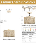 White Rattan Pendant Light With Handwoven Rope Shade For Boho Vibe Kitchen Island And Dining Room specifications diagram