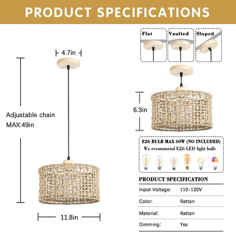 White Rattan Pendant Light With Handwoven Rope Shade For Boho Vibe Kitchen Island And Dining Room specifications diagram