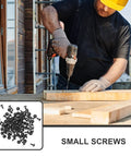 Worker using drill with 100 Pack M4x10mm Black Carbon Steel Wood Screws for Furniture Assembly and Home Improvement Kit