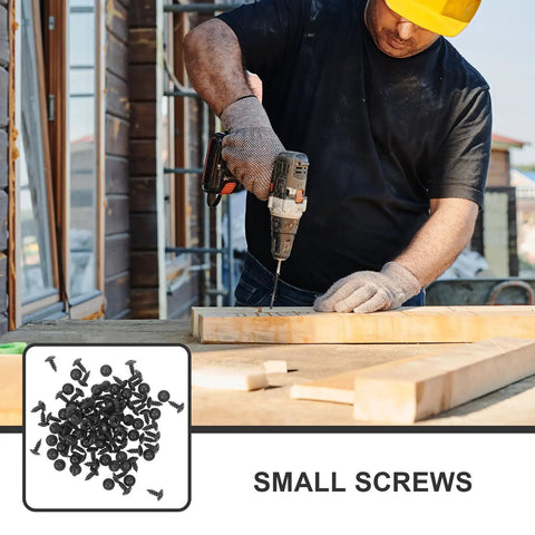 Worker using drill with 100 Pack M4x10mm Black Carbon Steel Wood Screws for Furniture Assembly and Home Improvement Kit