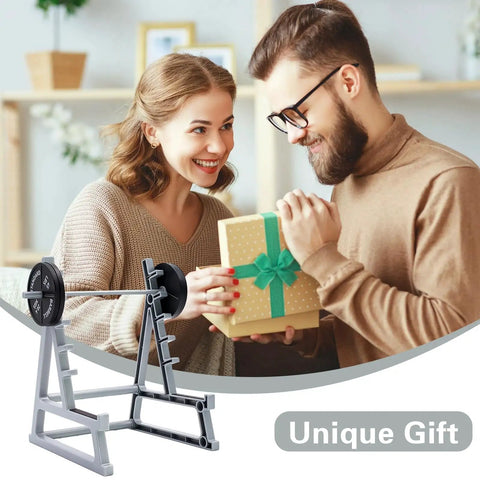 Couple exchanging gift featuring Squat Rack Pen Holder For Desk With Barbell Rack Design Gym Themed Office Organizer Mini Weight Rack.