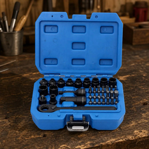 37 Piece 1/4 Inch Drive Pass Through Ratchet Socket Set Bidirectional Open End Gearless Wrench Kit in blue case.