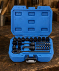 Tough As Nails 37 Piece 1/4 Inch Drive Go Through Ratchet Socket Set With Instant Release And Steel Drives packed in a blue case.
