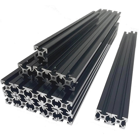 Built Tough Black Extrusion Frame Kit For 3D Printers With Reliable Blind Joints And Sturdy Aluminum Profiles showcases stacked black aluminum profile bars.