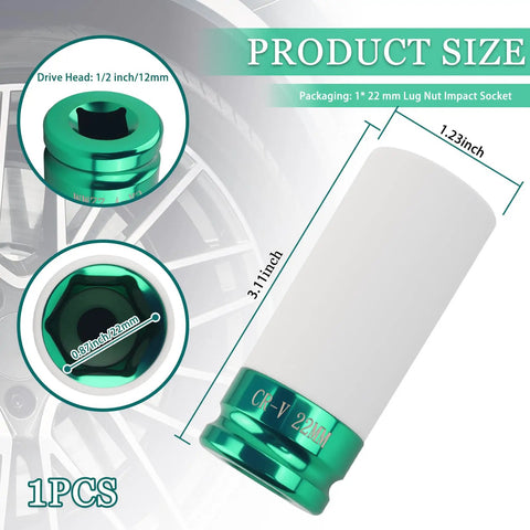 Hella Tough And Dead On 22 Millimeter Socket Half Inch Drive Heavy Duty Impact Tool with protective sleeve and size details.