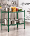 Badass Two Shelf Heavy Duty Wire Shelving Unit, 14x60x27 Green Epoxy NSF Rack For Kitchen Garage, adjustable storage with pots and containers.