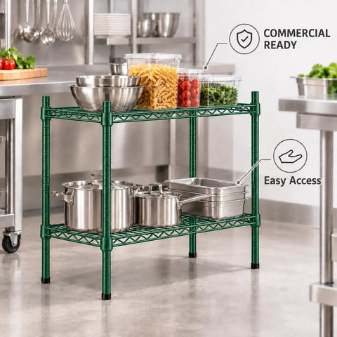 Badass Two Shelf Heavy Duty Wire Shelving Unit, 14x60x27 Green Epoxy NSF Rack For Kitchen Garage, adjustable storage with pots and containers.