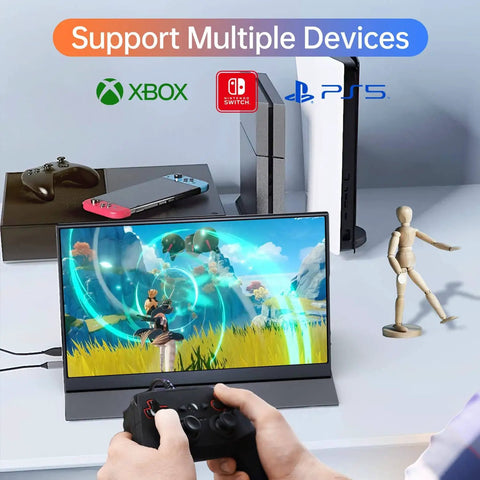 15.6 Inch Portable Monitor With 1080P IPS, Plug And Play USB C HDMI, Dual Type C Ports And Mini HDMI displayed with gaming consoles