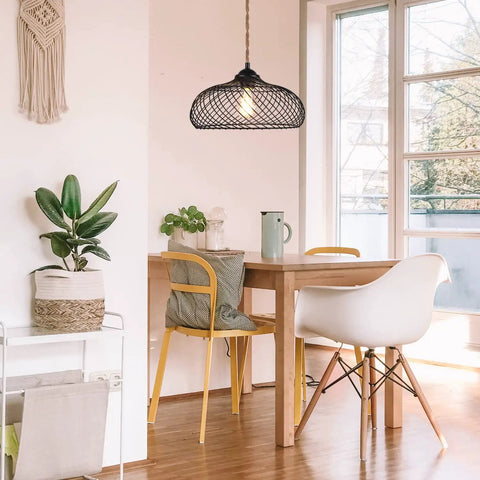 Plug In Pendant Light With Dimmable Switch And 16ft Hemp Rope Cord Black Lampshade over dining area in modern room
