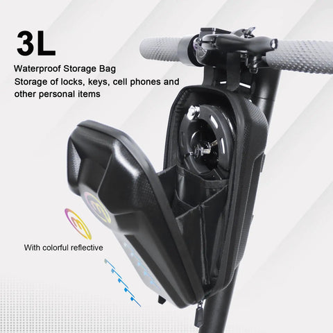 3L waterproof scooter bag attached to scooter handle, showing interior compartments and storage for 8mm Chain Lock For Scooters And EBikes High Security Anti Theft Lock With 3 Keys Waterproof Scooter Bag Included Great For Electric Scooters Motorcycles Bicycles