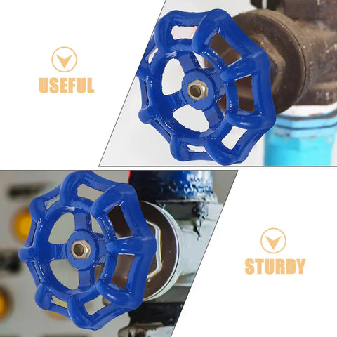 Outdoor Faucet Handle Replacement Kit 5 Pack Blue Iron Valve Handwheels 2.3 Inch Size used on water pipes showcasing no-slip grip.