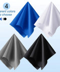 Front view of four 12x12 inch microfiber cleaning cloths in blue, white, gray, and black