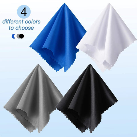 Front view of four 12x12 inch microfiber cleaning cloths in blue, white, gray, and black