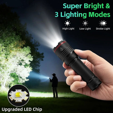 Person using Six Pack Rechargeable LED Flashlights With High Lumen Output at night, showing brightness and 3 lighting modes.